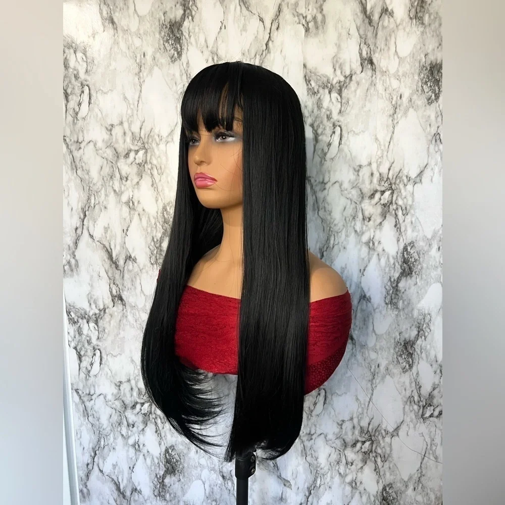 33 Inch Long Black Wig With Bangs Thick beautiful Hair